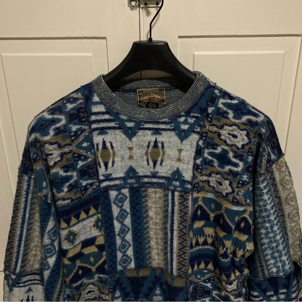 Vintage Express Sweater Patchwork Aztec Boho Blue… - image 3